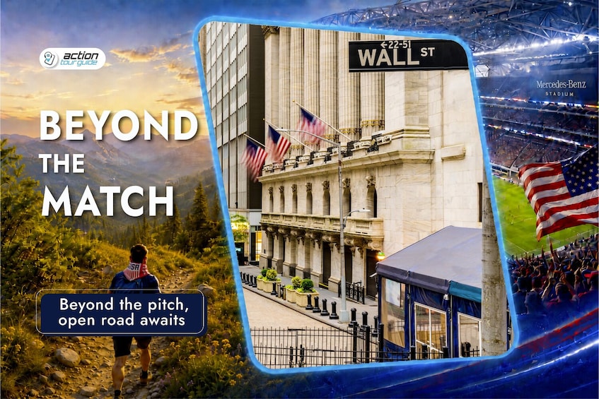 A stadium, a building with 'WALL ST' sign, and a person walking on a path. 3