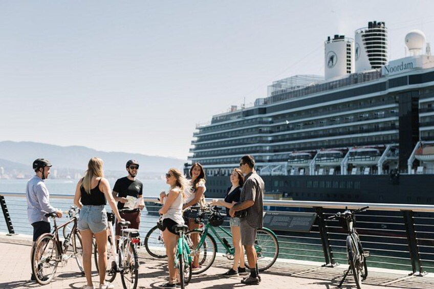 A group of people standing on a dock with bicycles, a cruise ship in the background, and a body of water. 2