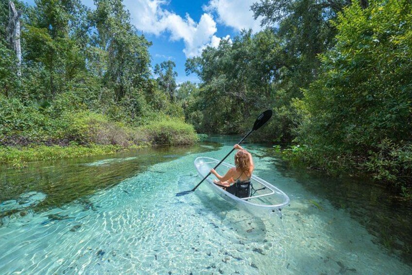 En person roer i kajak på en klar flod omgivet af frodig vegetation. 2