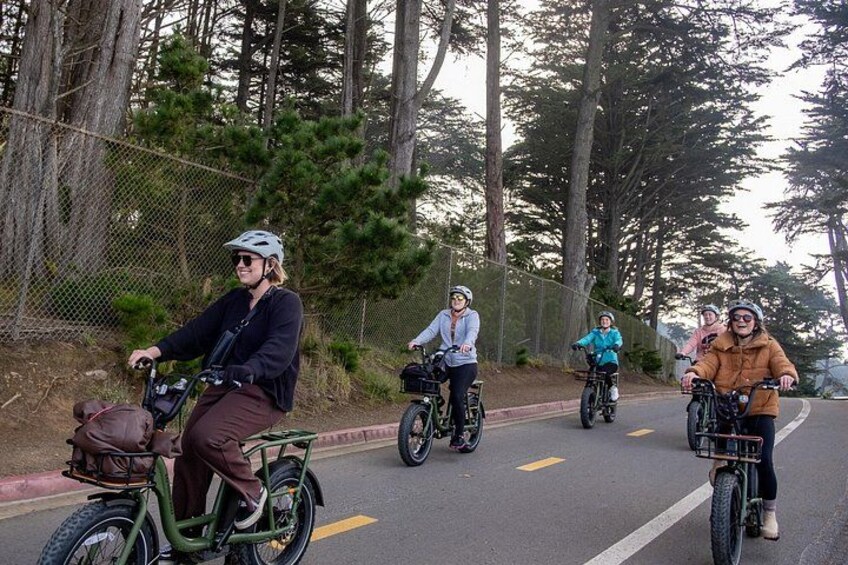 A group of cyclists on a paved road with trees and a fence in the background. 4