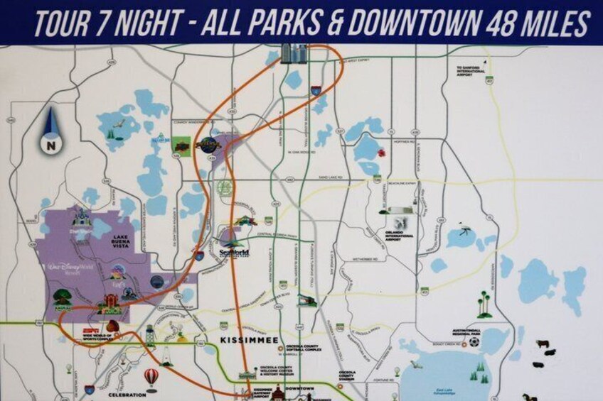A map of a city with highlighted areas for a 48-mile tour including parks and downtown. 3