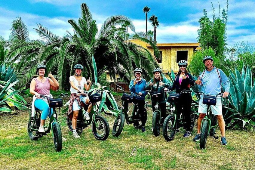 A group of people on electric bikes in a tropical setting with palm trees and a building in the background. 4