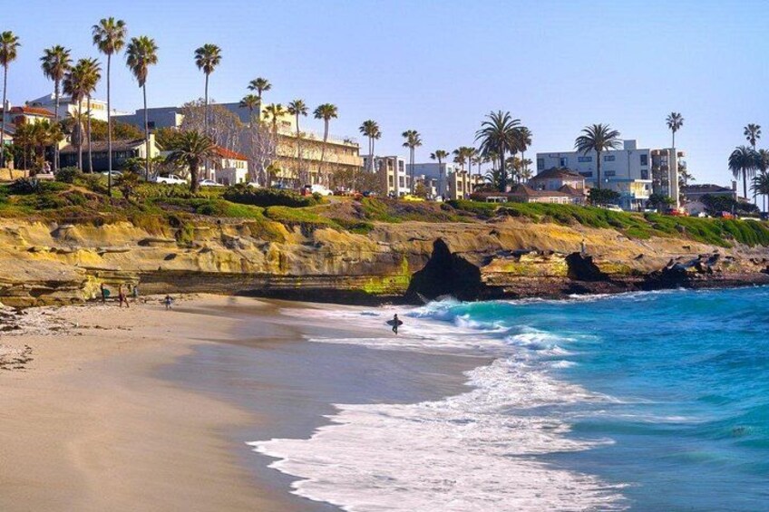 A beach with waves, palm trees, and buildings in the background. 3