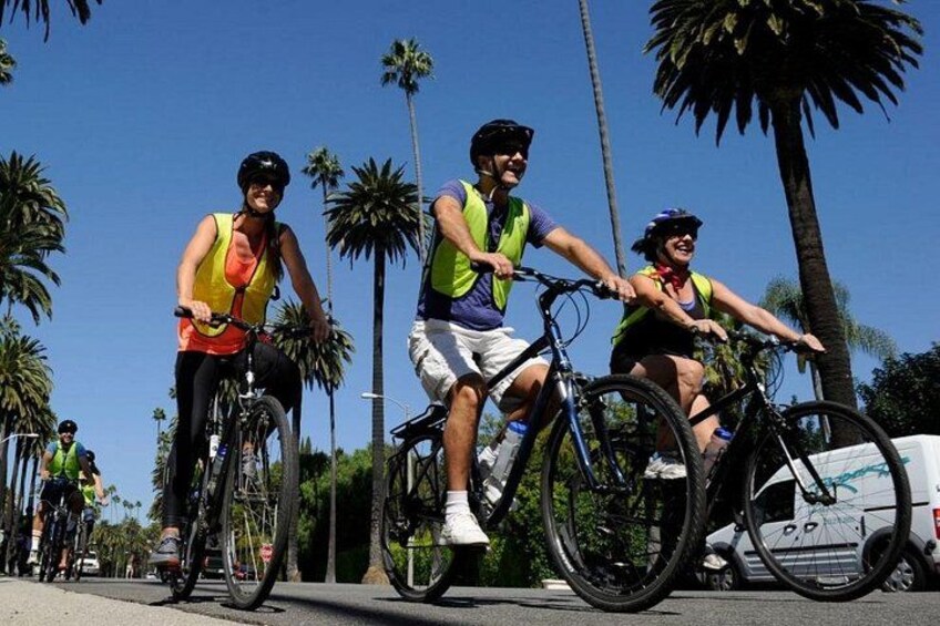 Tre ciclisti in una giornata soleggiata, con giubbotti ad alta visibilità, che pedalano su una strada con palme sullo sfondo. 5