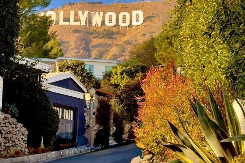 Una calle residencial con una casa, un camino de entrada y un gran cartel de 'Hollywood' al fondo. 3