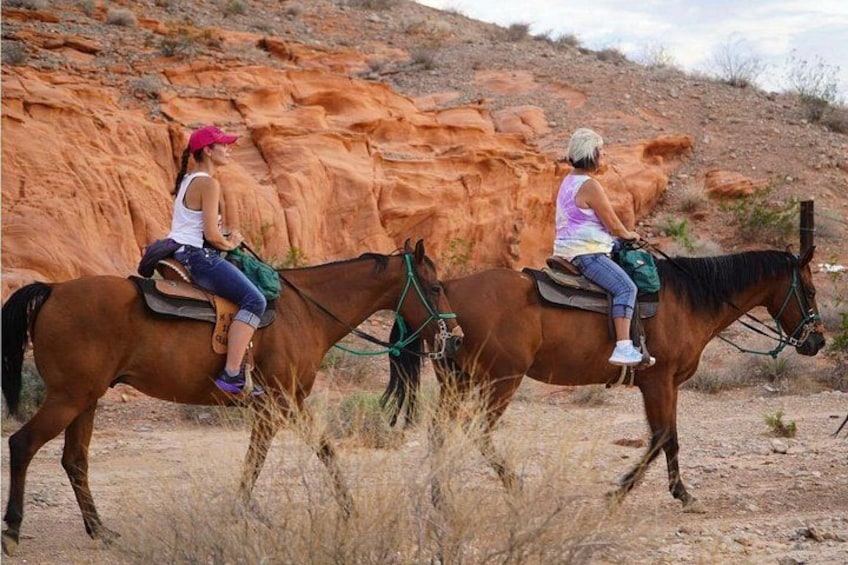 Two people riding horses on a dirt path with red rock formations in the background. 4