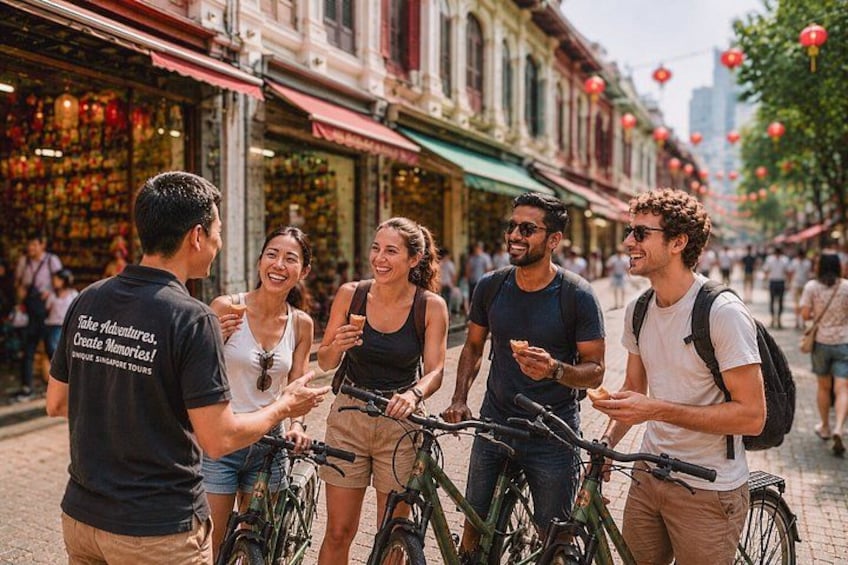 A group of people on a street with bicycles, shops, and red lanterns. 1