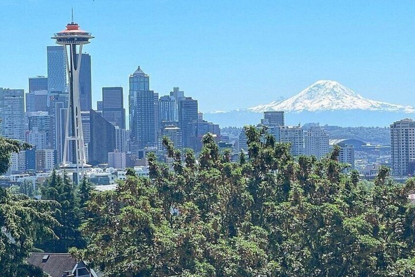 A city skyline with a prominent tower, a snow-capped mountain in the background, and dense green foliage in the foreground. 4