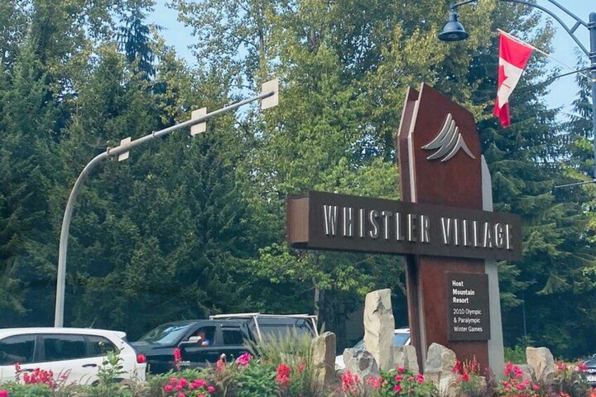 A sign for Whistler Village with a list of events. 2