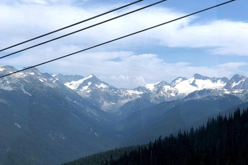 A mountain range with snow-capped peaks, a forested valley, and power lines in the foreground. 4