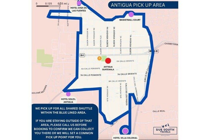 A map of Antigua's pick-up area with marked hotels and shuttle routes. 5