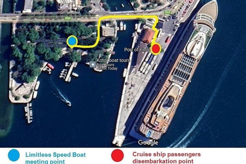 A cruise ship docked at Port of Kohtla-Joki, with a marked disembarkation point and a meeting point for a speedboat tour. 4