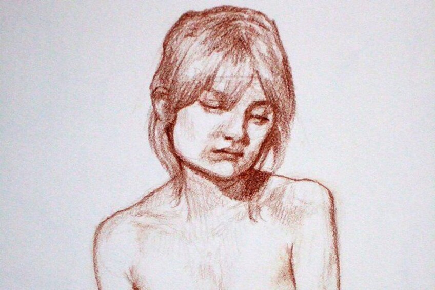 A sketch of a person with long hair, wearing a sleeveless top. 1