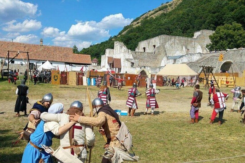 Recreación medieval con participantes con armadura, un castillo al fondo y un campo cubierto de hierba. 4