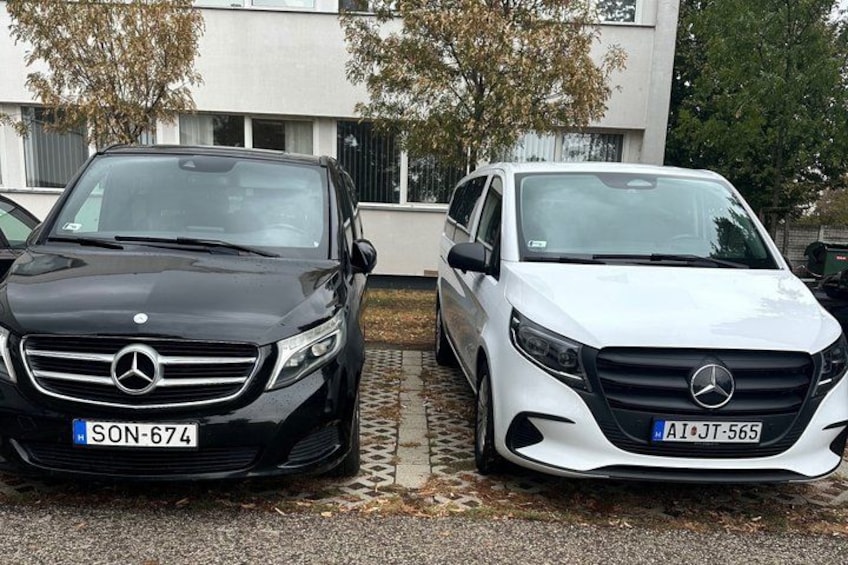 Two parked cars, one black and one white, with license plates visible. 2