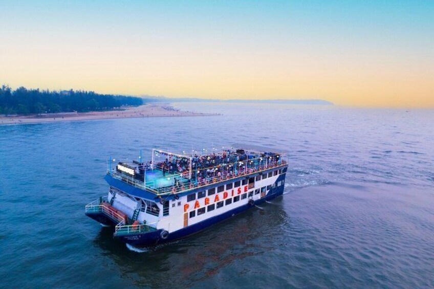 A riverboat with passengers, moving on a calm river. 5