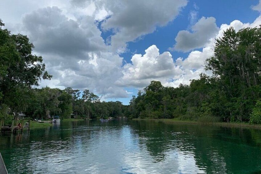 Un río tranquilo rodeado de un bosque denso bajo un cielo parcialmente nublado. 3