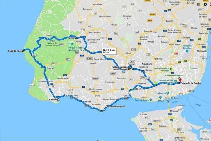 Map of Lisbon area - tour itinerary 5