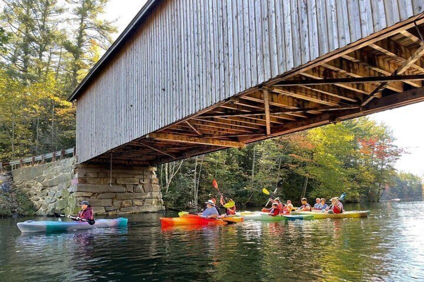 A group of people kayaking under a wooden bridge over a calm river surrounded by trees. 5