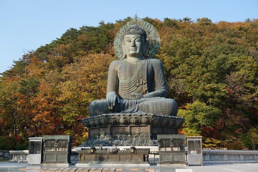 A large seated Buddha statue in a park with autumn trees in the background. 1