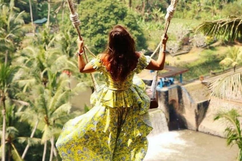 A person on a swing overlooking a river with palm trees. 4
