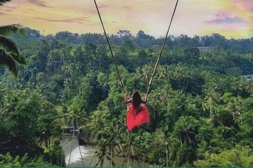 A person swinging on a rope swing over a lush green landscape. 3