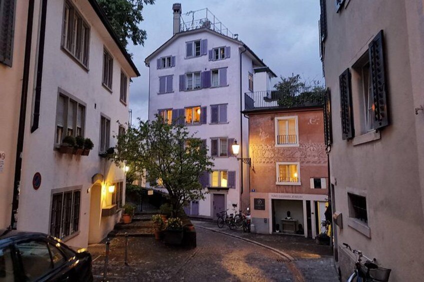 A cobblestone street with buildings, a tree, and a bicycle. 4