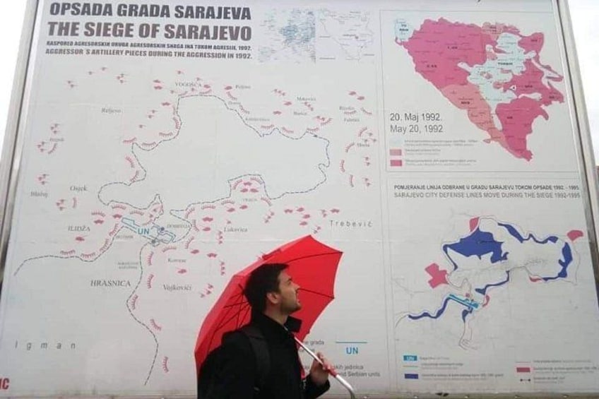 A map titled 'Opsada Grada Sarajevo The Siege of Sarajevo' with various annotations and a person holding a red umbrella. 2