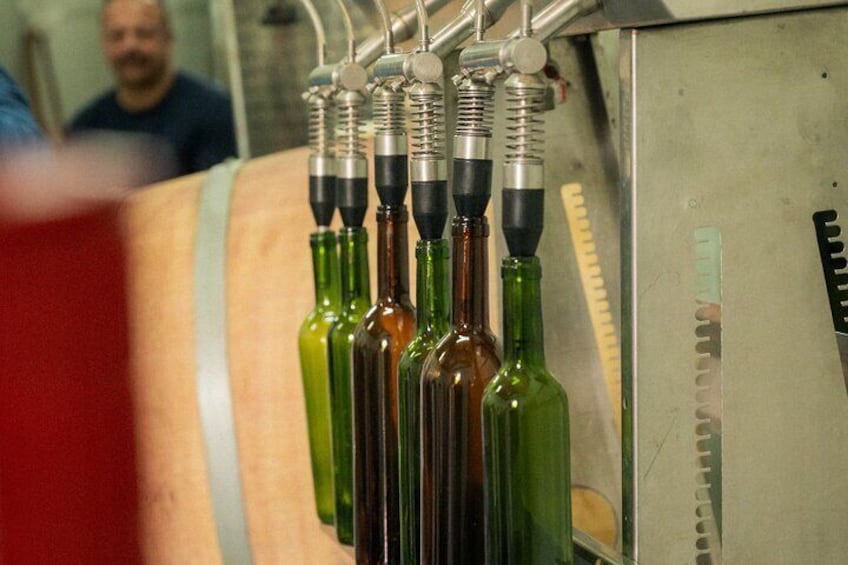 Des bouteilles suspendues à un porte-bouteilles dans un domaine viticole. 2