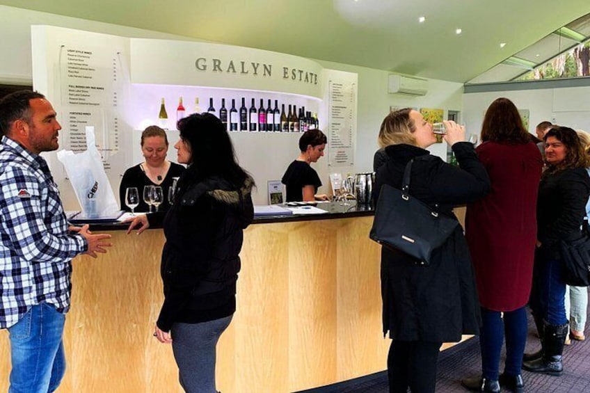Degustación de vinos con una barra de madera y botellas de vino al fondo. 5