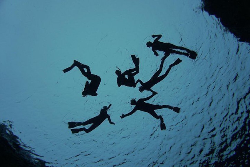 A group of people scuba diving in a clear blue water body. 2