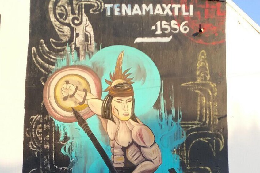 A mural with a warrior holding a shield and a spear, with the text 'TENAMAXTLI 1556' visible. 4