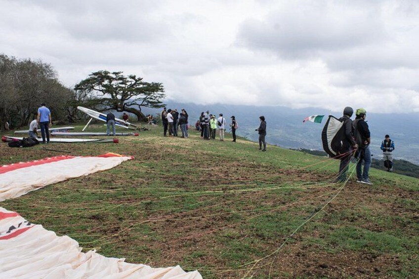 A group of people on a grassy hill with kites and a parachute, overlooking a mountainous landscape. 1