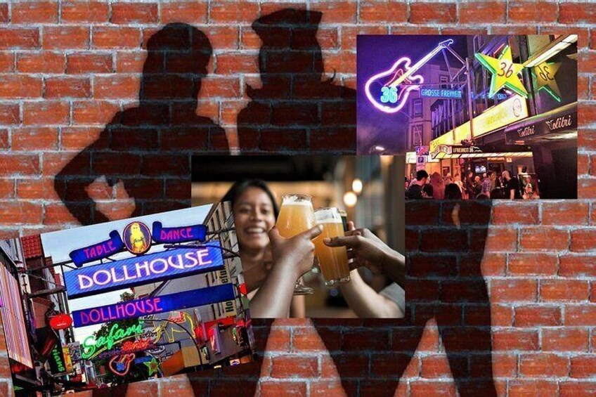 Un muro de ladrillo con letreros de neón, incluyendo un cartel que dice 'Dollhouse' y otro con el número '36'. 2