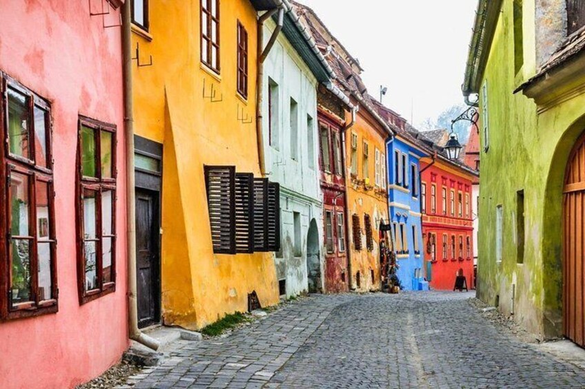 A cobblestone street lined with colorful buildings. 5