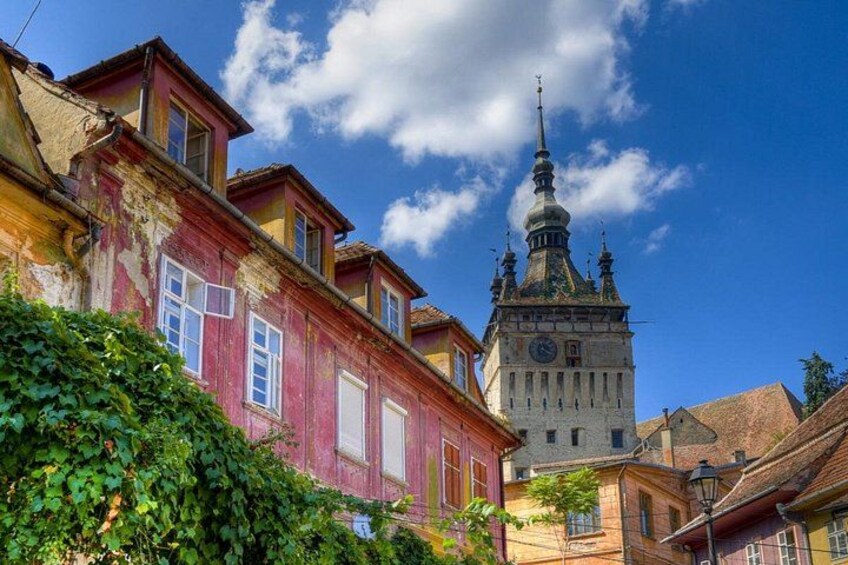 A historic building with a clock tower, surrounded by lush greenery and classic architecture. 2