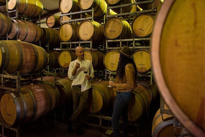 Una persona sosteniendo una copa de vino en una bodega con barriles de madera. 3