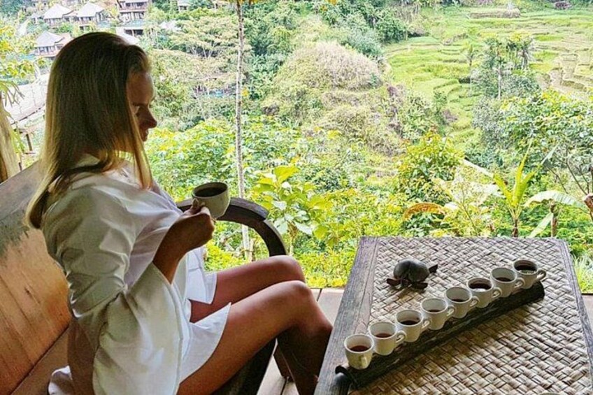 A person sitting on a wooden bench overlooking a lush green landscape with terraced fields. 3