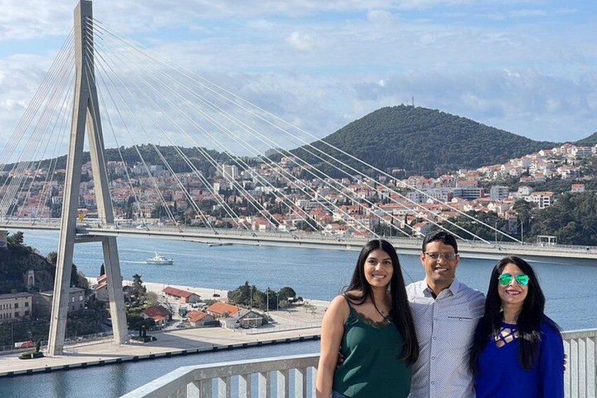 A cable-stayed bridge, a body of water, and a hilly townscape. 5