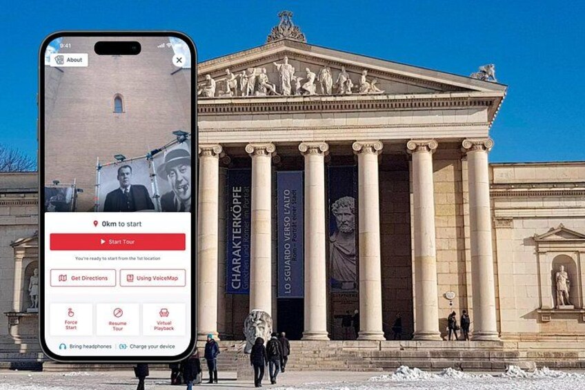 A classical building with columns and a banner, a smartphone displaying a tour app interface, and people walking in front. 1