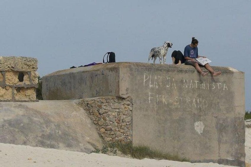 A man and a dog sitting on a concrete structure with the inscription 'PLATJA NATALISTA FIK-STRAMP' and a stone wall in the background. 2