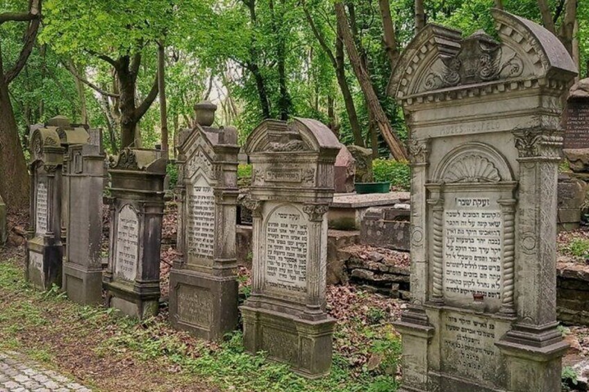 A row of stone tombstones in a forested cemetery. 2