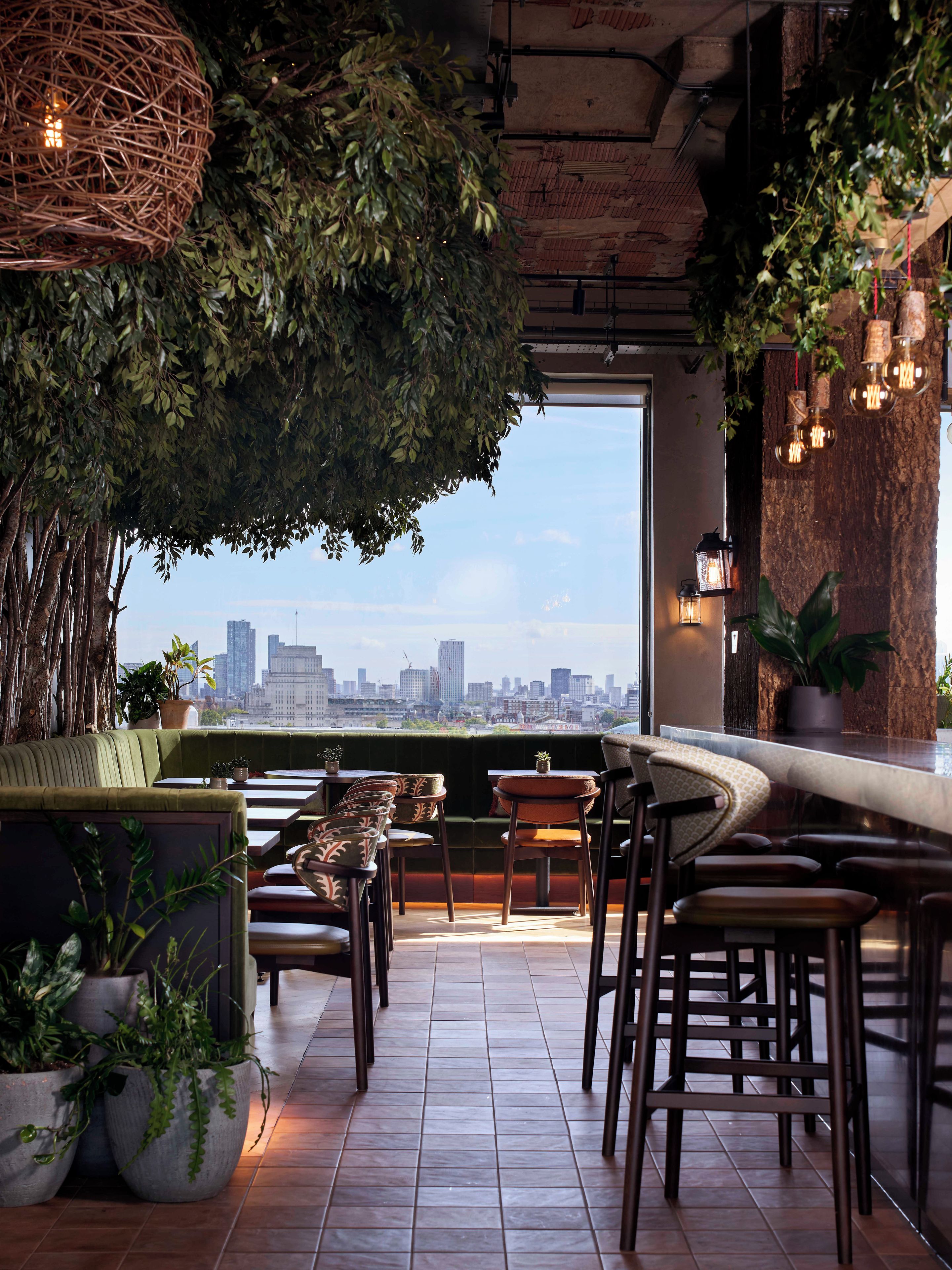 A restaurant with a view of a city skyline, featuring a large tree, multiple seating areas, and hanging light fixtures.