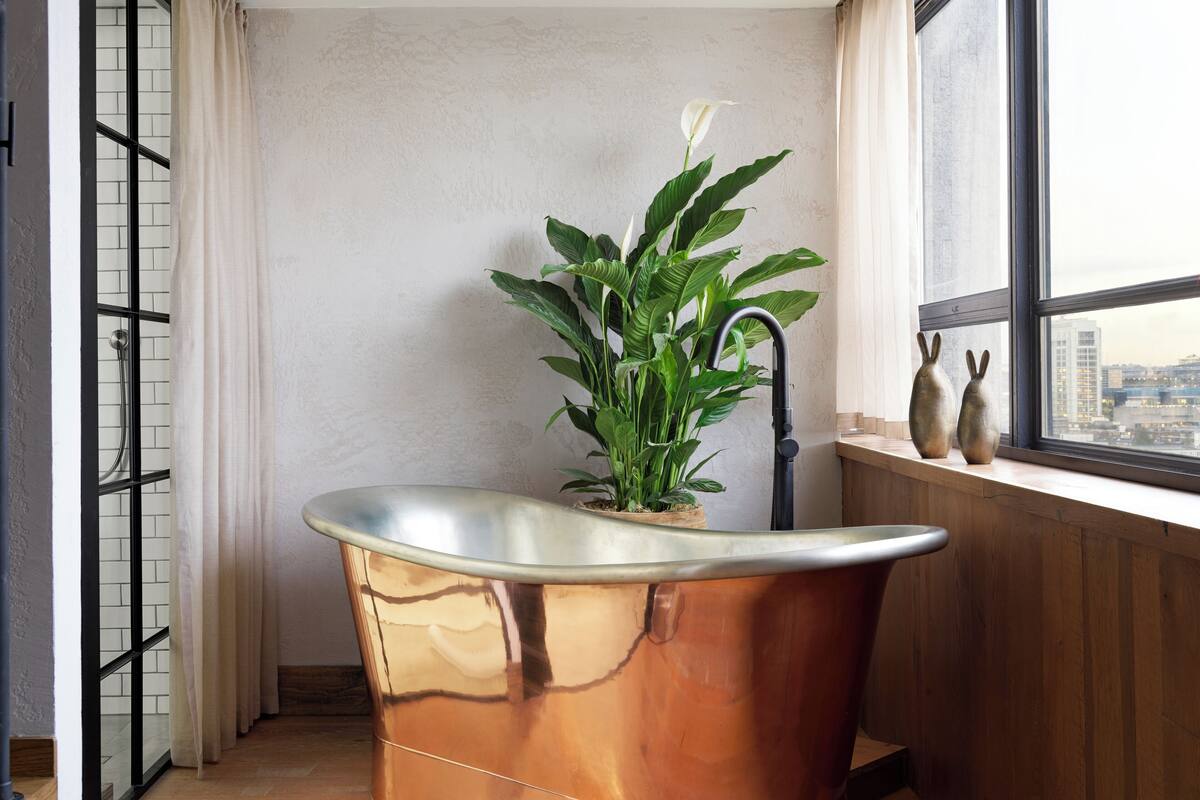 A bathroom with a copper bathtub, a potted plant, and a window with a view of buildings.