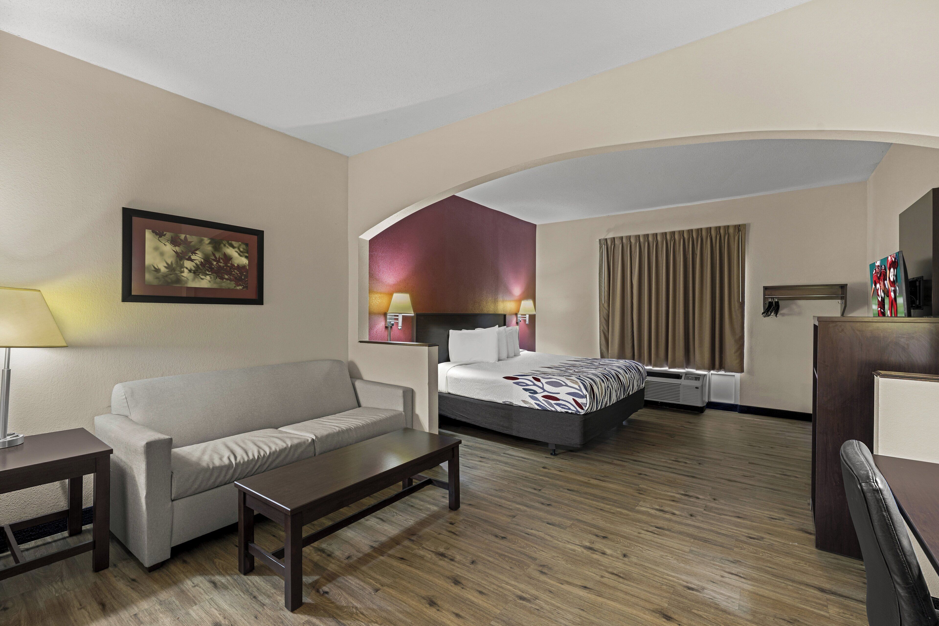 Premium bedding, desk, blackout drapes, soundproofing