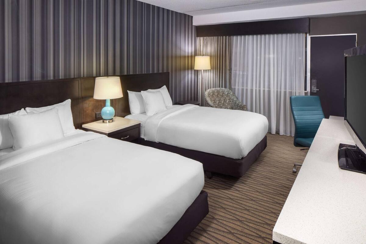 In-room safe, desk, laptop workspace, blackout curtains