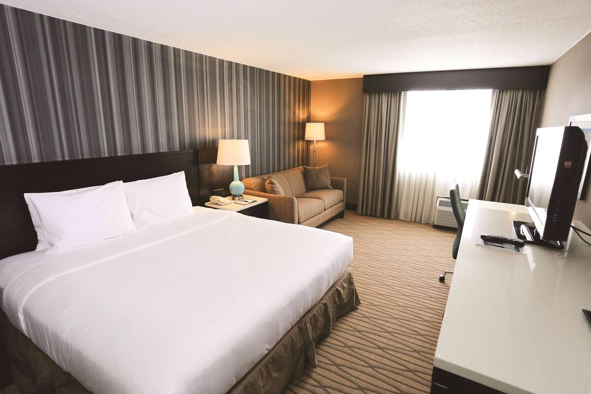 Habitación de hotel con una cama grande, un escritorio con computadora, una silla, un sofá y una ventana con cortinas.