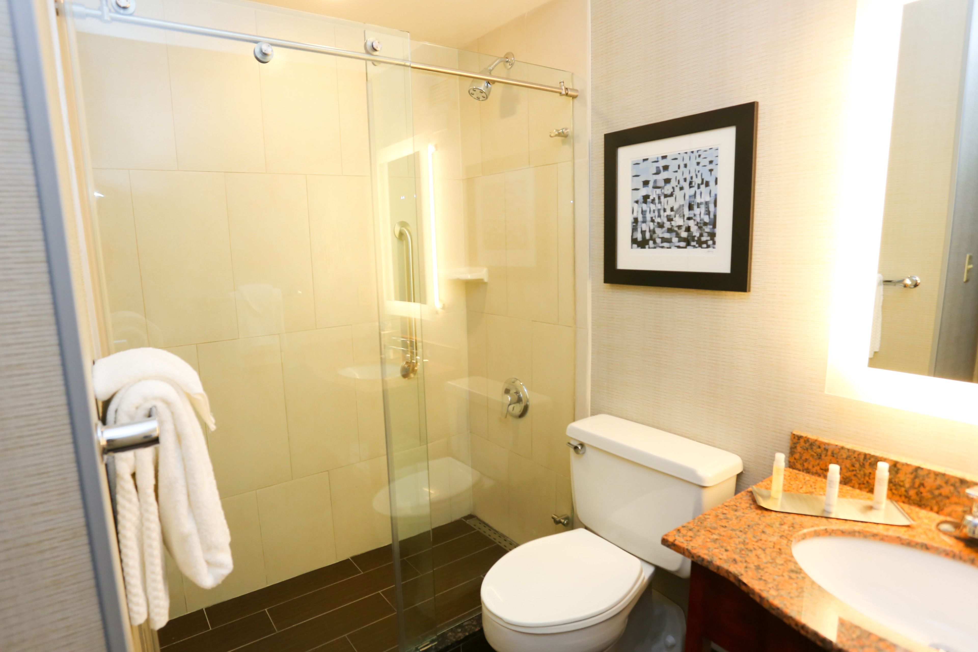 Une salle de bain avec une douche à parois de verre, des toilettes blanches et un lavabo sur un plan de travail en granit.