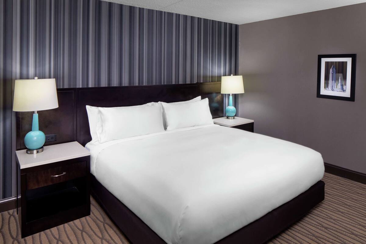 Una habitación de hotel con una cama grande, dos mesitas de noche con lámparas, un cabecero y un cuadro enmarcado en la pared.
