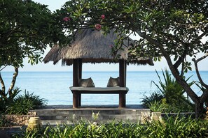 On the beach, sun loungers, beach umbrellas, beach towels